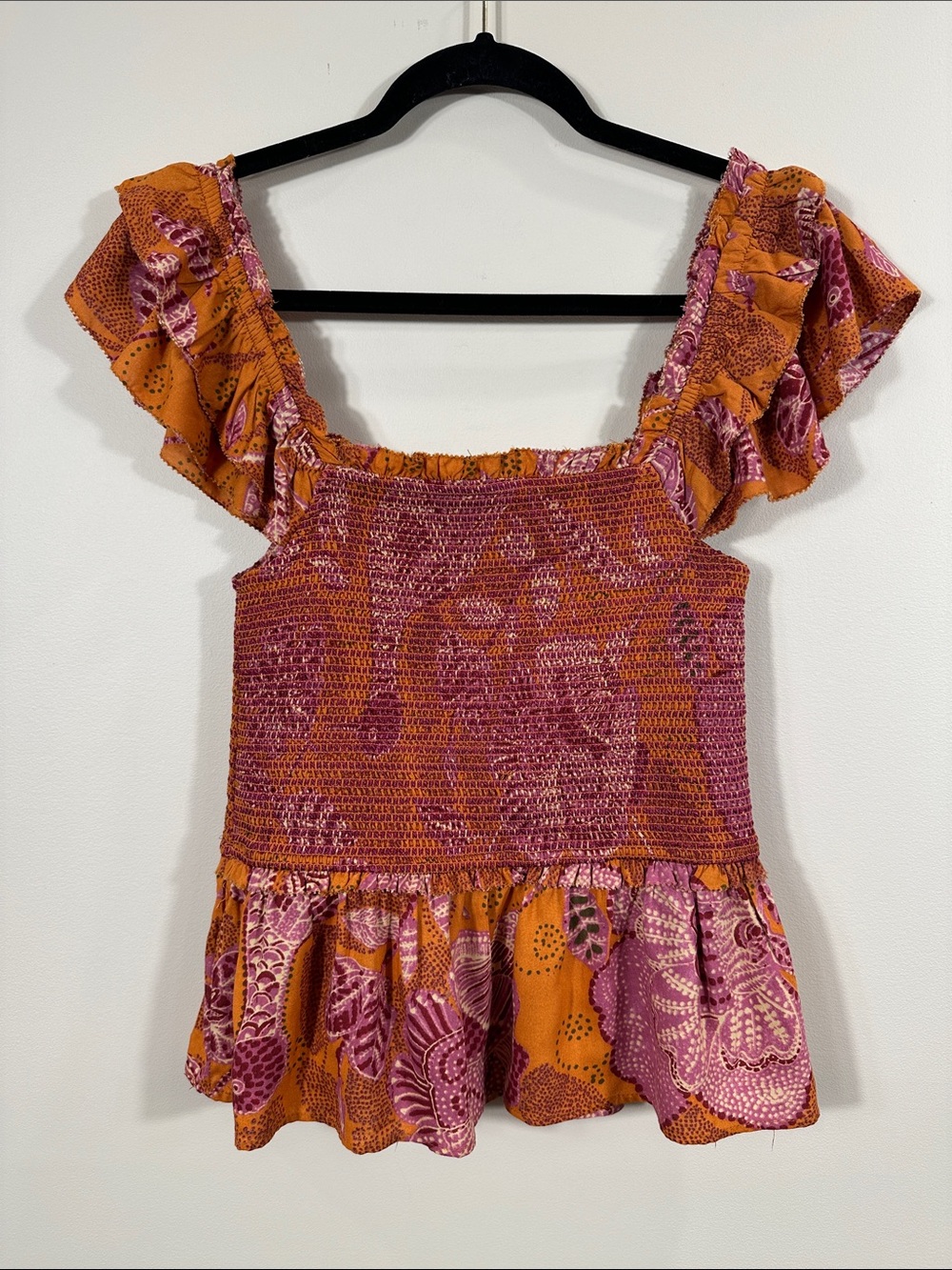 House of Harlow Smocked Ruffle Orange Pink Floral Summer Top Women Size Small